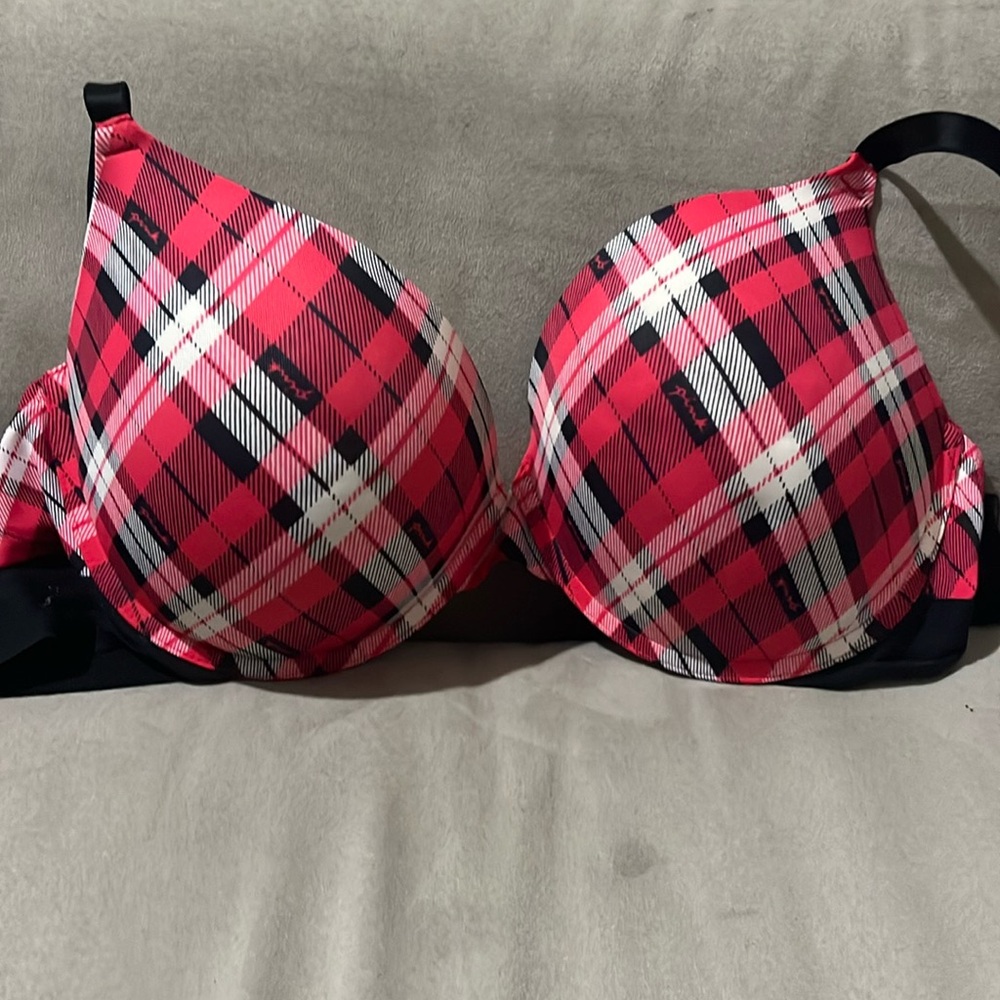 Victoria's Secret PINK Bra Wear Everywhere Push Up Red Plaid.